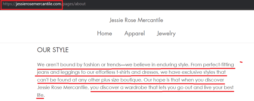 A screenshot of the about us page of jessierosemercantile.com