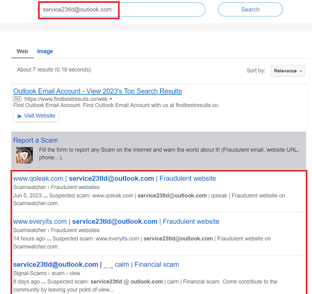 A screenshot of the result after searching the email address pf everyits.com in scamwatcher.com