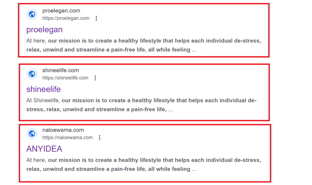 A screenshot of the list of sites that are using the same content as wizlig.com