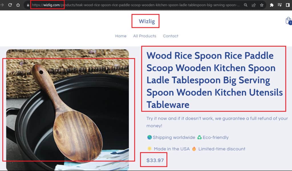 A screenshot of a spoon on a pot that is a product listed on wizlig.com